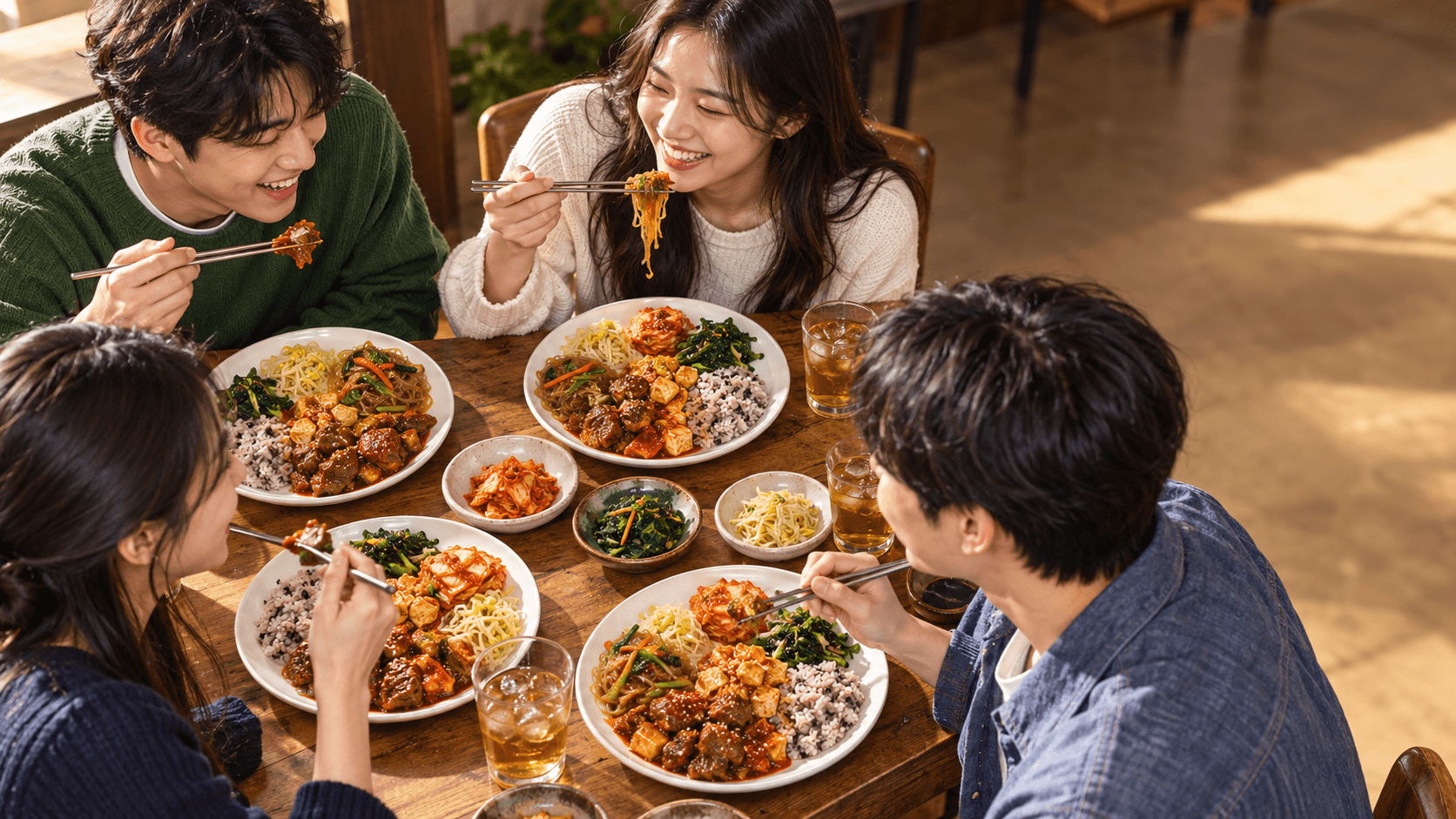 한식 뷔페 한 상을 함께 즐기는 한국인 친구들